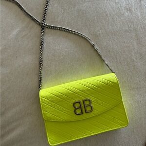 Balenciaga neon yellow wallet on a chain style bag can fit phone
